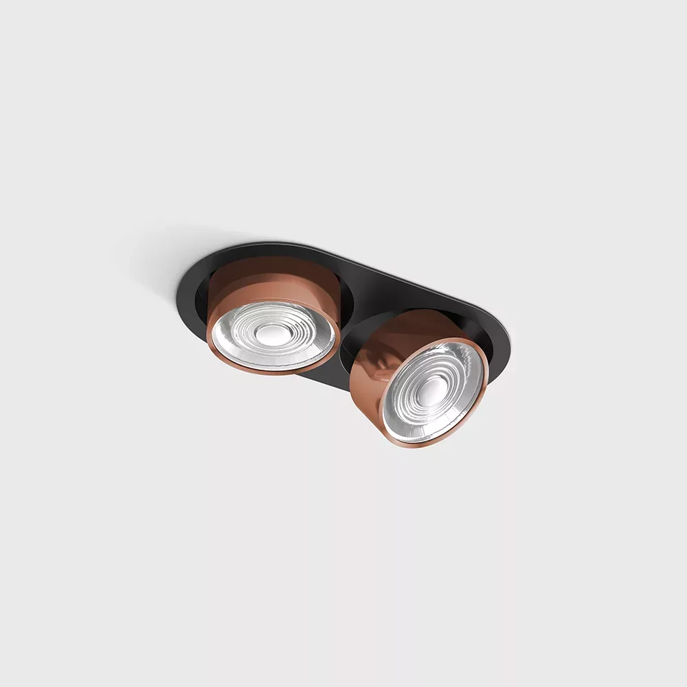 01.7522.14.930.BK_CP_1 Adjustable recessed ceiling luminaire with frame SOL IN MINI X2, D75mm, H50mm, W111mm, L206mm, LED 2x7W, 2x624Lm, 3000K, 45°, CRI>90, 200mA, IP20, black/copper color - imagine 1