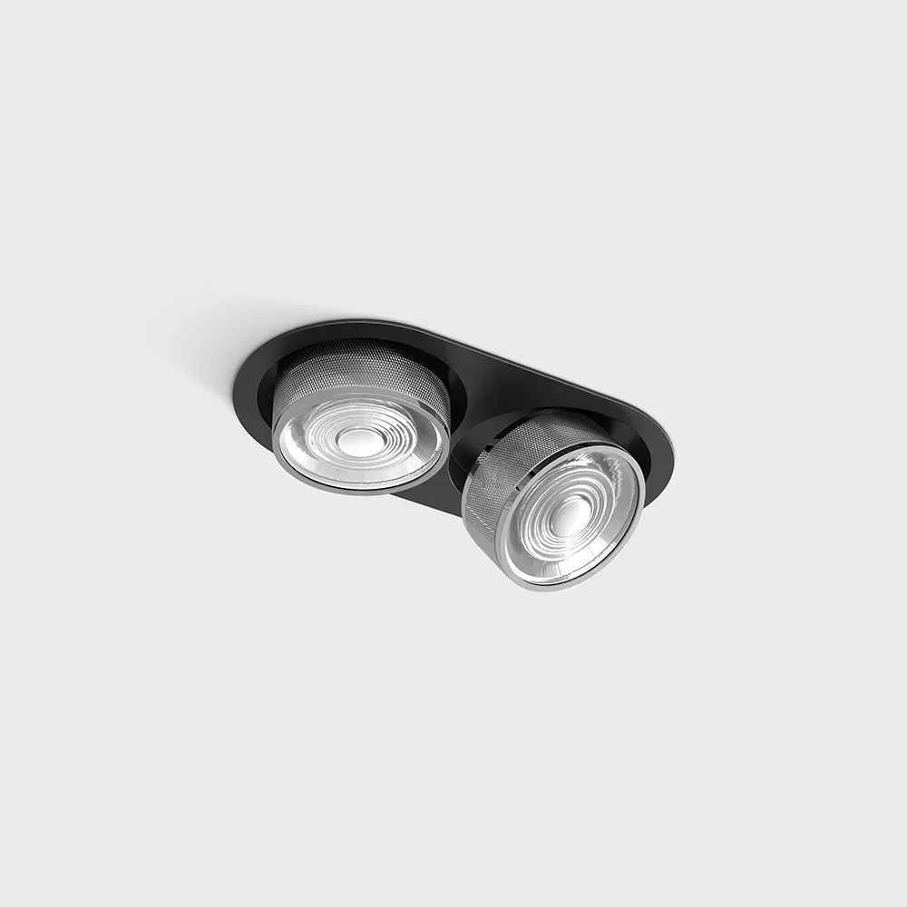 01.7522.14.930.BK_CRG_1 Adjustable recessed ceiling luminaire with frame SOL IN MINI X2, D75mm, H50mm, W111mm, L206mm, LED 2x7W, 2x624Lm, 3000K, 45°, CRI>90, 200mA, IP20, black/chrome color - imagine 1