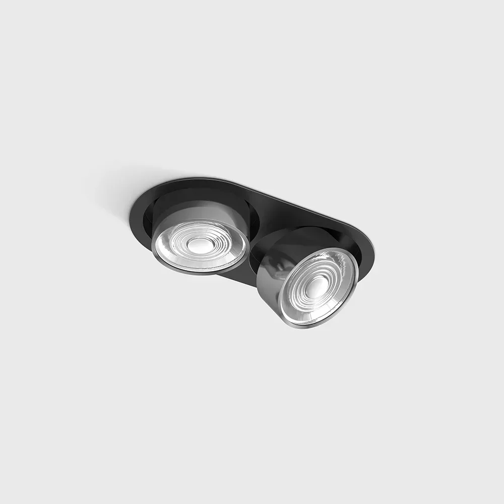 01.7522.14.930.BK_CR_1 Adjustable recessed ceiling luminaire with frame SOL IN MINI X2, D75mm, H50mm, W111mm, L206mm, LED 2x7W, 2x624Lm, 3000K, 45°, CRI>90, 200mA, IP20, black/chrome color - imagine 1
