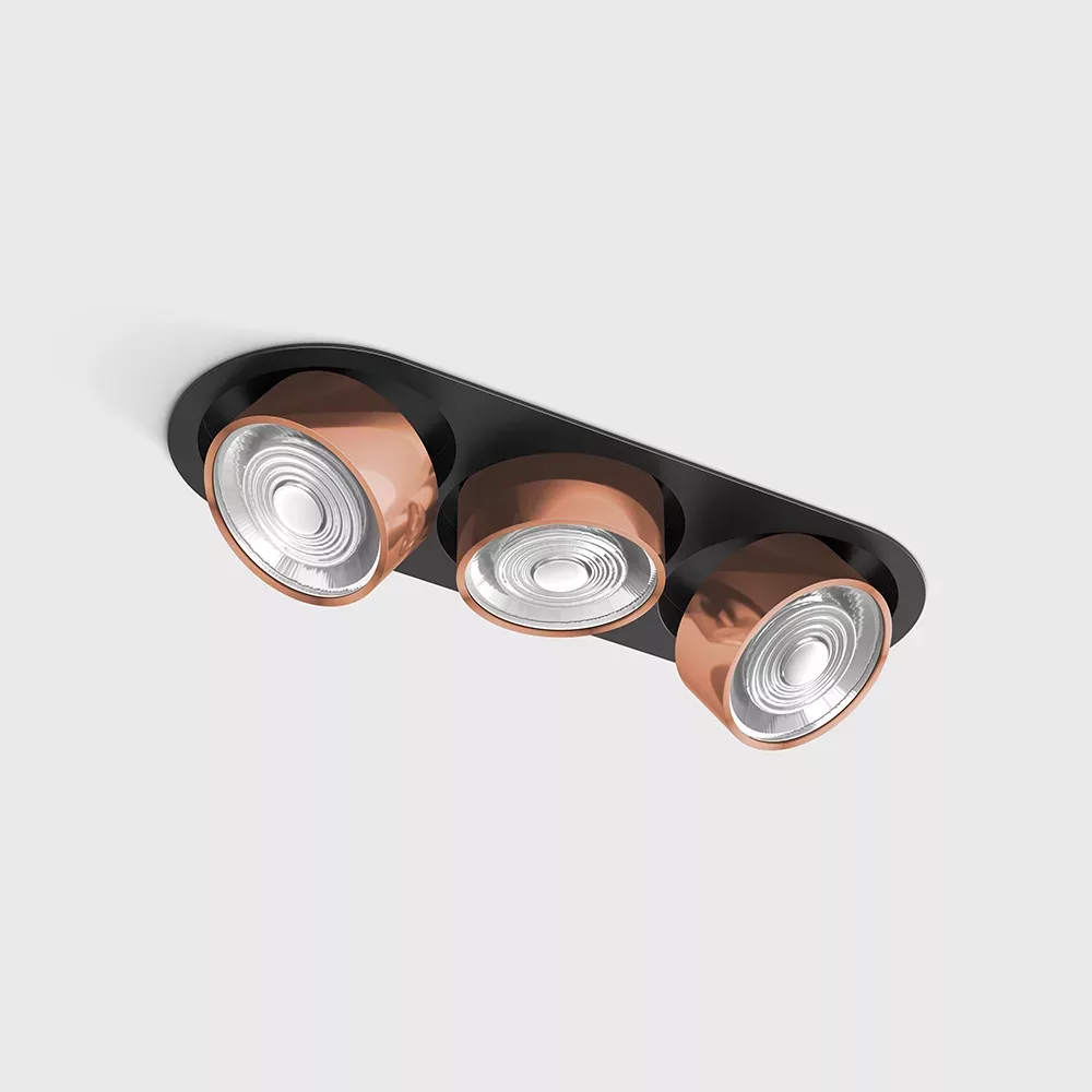 01.7523.21.930.BK_CP_1 Adjustable recessed ceiling luminaire with frame SOL IN MINI X3, D75mm, H50mm, W111mm, L301mm, LED 3x7W, 3x624Lm, 3000K, 45°, CRI>90, 200mA, IP20, black/copper color — изображение 1