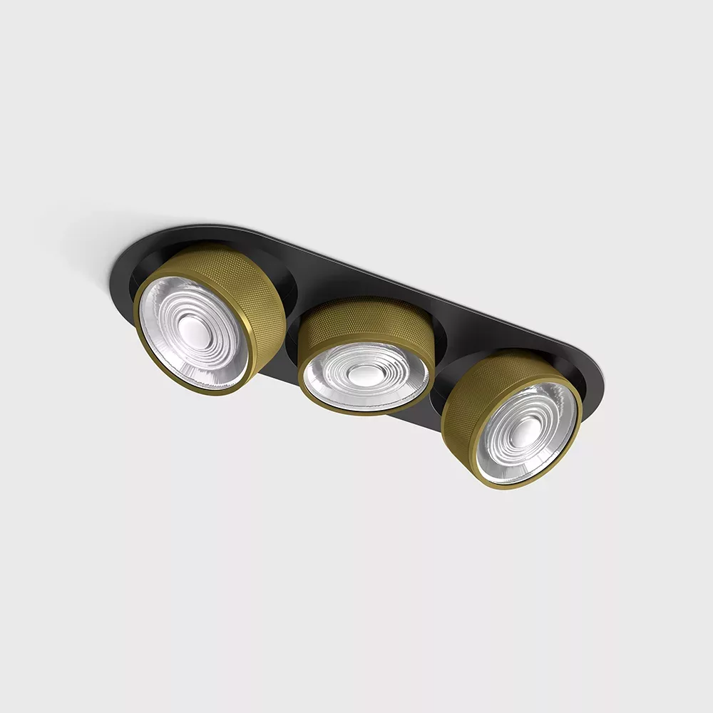01.7523.21.940.BK_BRG_1 Adjustable recessed ceiling luminaire with frame SOL IN MINI X3, D75mm, H50mm, W111mm, L301mm, LED 3x7W, 3x624Lm, 4000K, 45°, CRI>90, 200mA, IP20, black/brass color - imagine 1