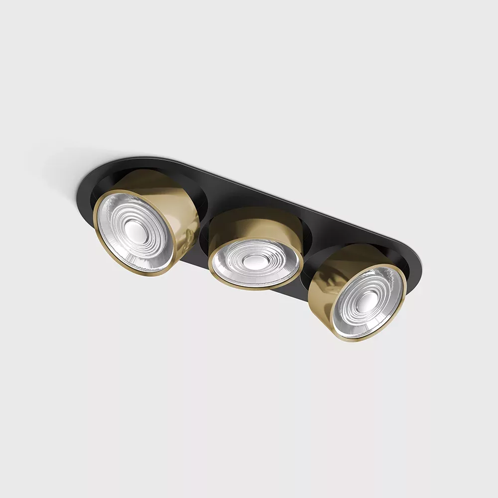 01.7523.21.940.BK_BR_1 Adjustable recessed ceiling luminaire with frame SOL IN MINI X3, D75mm, H50mm, W111mm, L301mm, LED 3x7W, 3x624Lm, 4000K, 45°, CRI>90, 200mA, IP20, black/brass color - imagine 1
