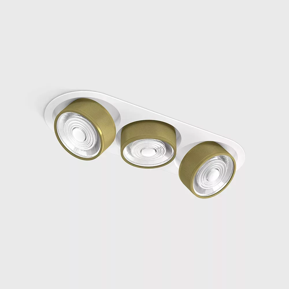 01.7523.21.940.WH_BRG_1 Adjustable recessed ceiling luminaire with frame SOL IN MINI X3, D75mm, H50mm, W111mm, L301mm, LED 3x7W, 3x624Lm, 4000K, 45°, CRI>90, 200mA, IP20, white/brass color — изображение 1