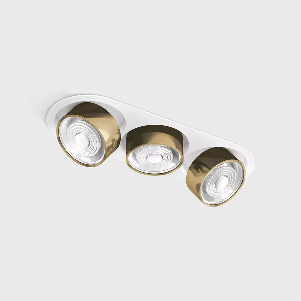 01.7523.21.940.WH_BR_1 Adjustable recessed ceiling luminaire with frame SOL IN MINI X3, D75mm, H50mm, W111mm, L301mm, LED 3x7W, 3x624Lm, 4000K, 45°, CRI>90, 200mA, IP20, white/brass color — изображение 1