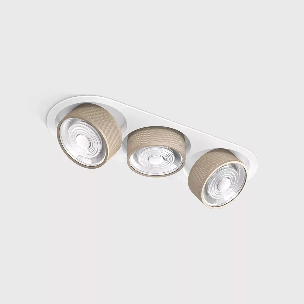 01.7523.21.940.WH_SBG_1 Adjustable recessed ceiling luminaire with frame SOL IN MINI X3, D75mm, H50mm, W111mm, L301mm, LED 3x7W, 3x624Lm, 4000K, 45°, CRI>90, 200mA, IP20, white/sahara beige color - imagine 1