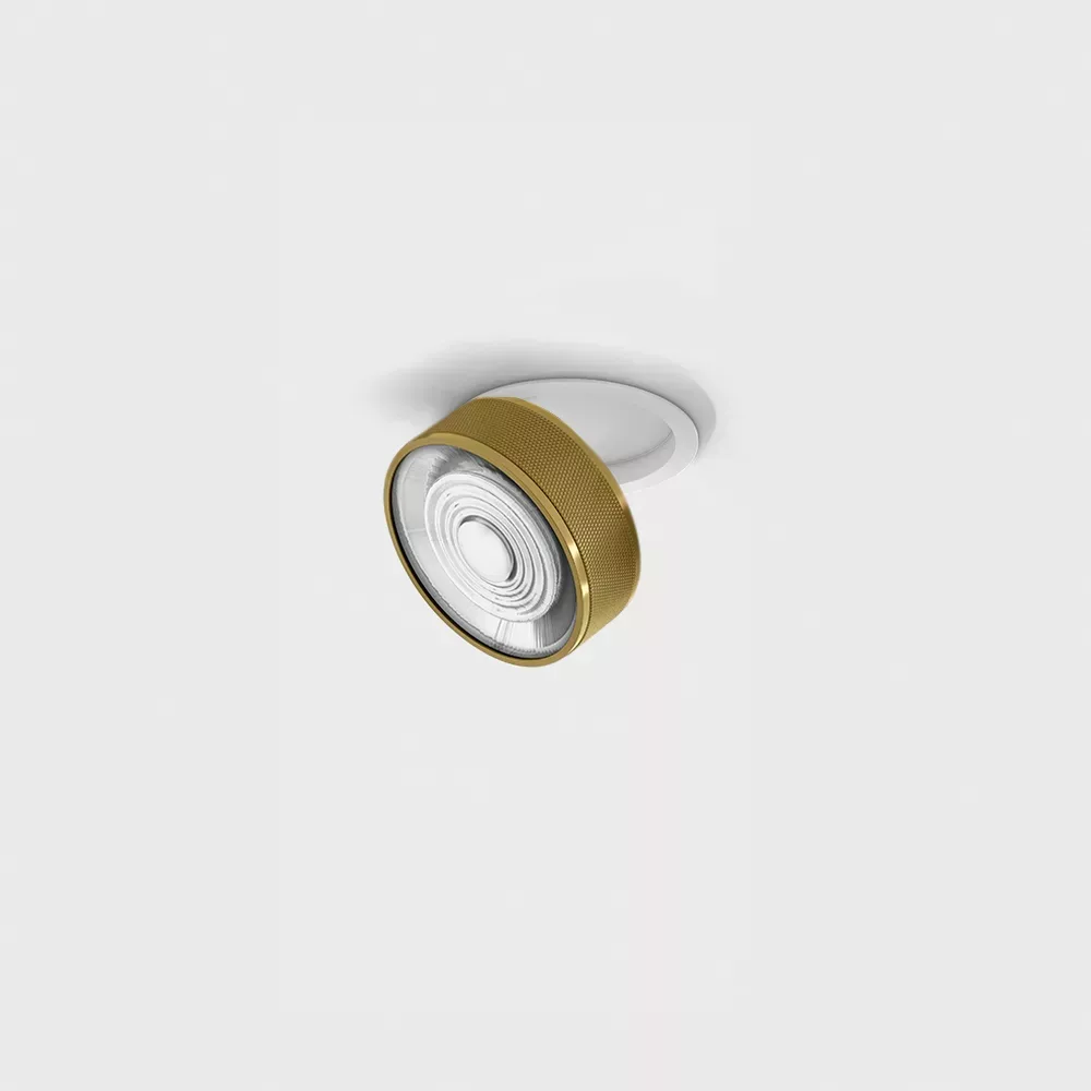 01.7526.7.930.WH_BRG_1 Adjustable recessed ceiling luminaire with frame SOL IN MINI, D75mm, H26mm, LED 7W, 624Lm, 3000K, 45°, CRI>90, 350mA, IP20, white/brass color - imagine 1
