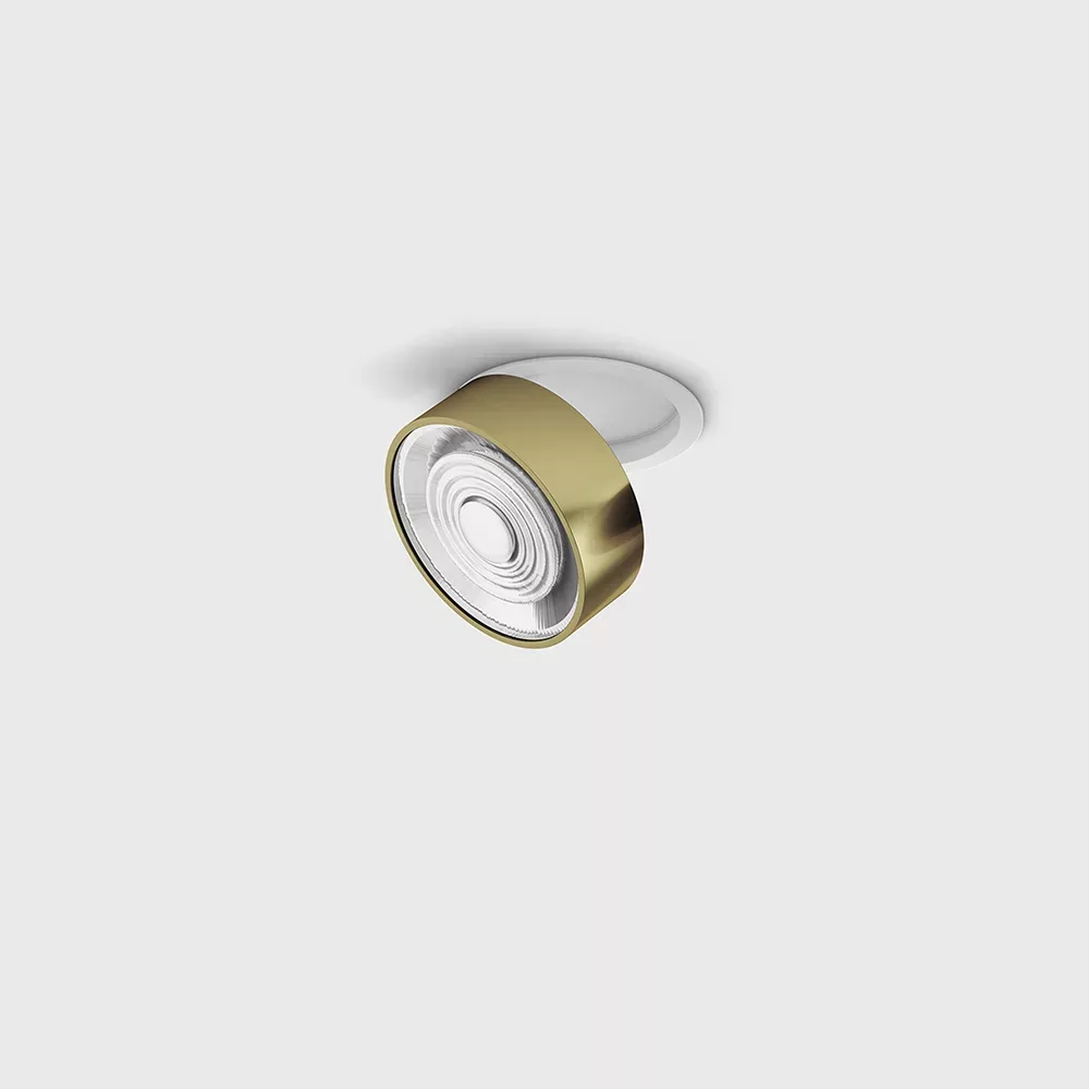 01.7526.7.930.WH_BR_1 Adjustable recessed ceiling luminaire with frame SOL IN MINI, D75mm, H26mm, LED 7W, 624Lm, 3000K, 45°, CRI>90, 350mA, IP20, white/brass color - imagine 1