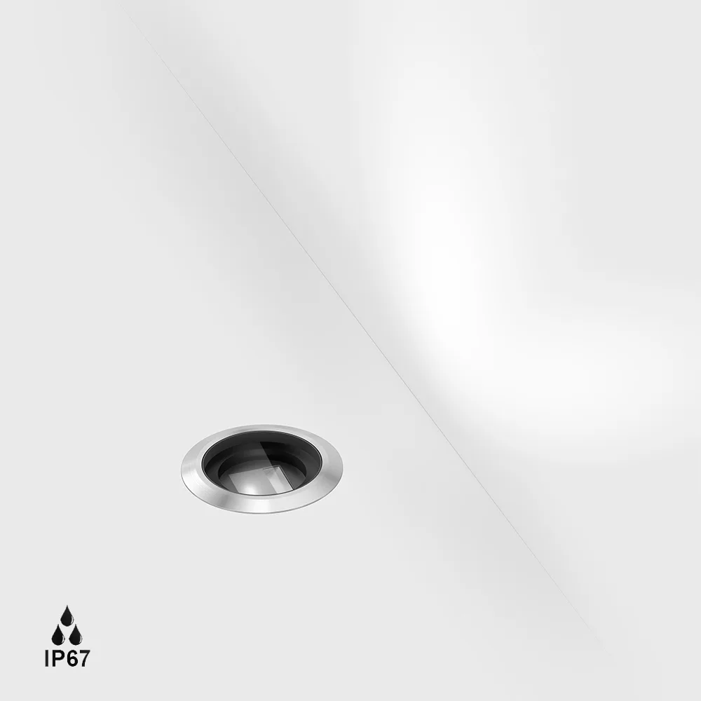 08.4016.4.930.SS_1 In-ground luminaire wall washer UPP50 WW, D50mm, H43mm, LED 4.2W, 3000K, 25°x30°, 192Lm, CRI>90, 350mA driver not included, IP67, whire 2000mm, transparent glass, stainless steel - imagine 1