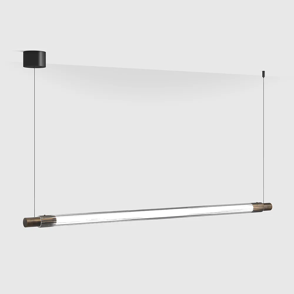 10.0411.15.930.OBR_1 Suspended luminaire with surface-mounted base CRYSTAL VETRO, L1130mm, D40mm, 15W LED, 680Lm, 3000K, driver 24V not included, CRI>90, IP20, transparent glass, oxide brass color - imagine 1