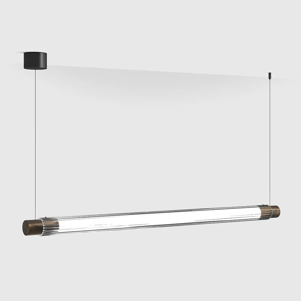 10.0611.15.930.OBR_1 Suspended luminaire with surface-mounted base CRYSTAL VETRO, L1130mm, D60mm, 15W LED, 680Lm, 3000K, driver 24V not included, CRI>90, IP20, transparent glass, oxide brass color - imagine 1