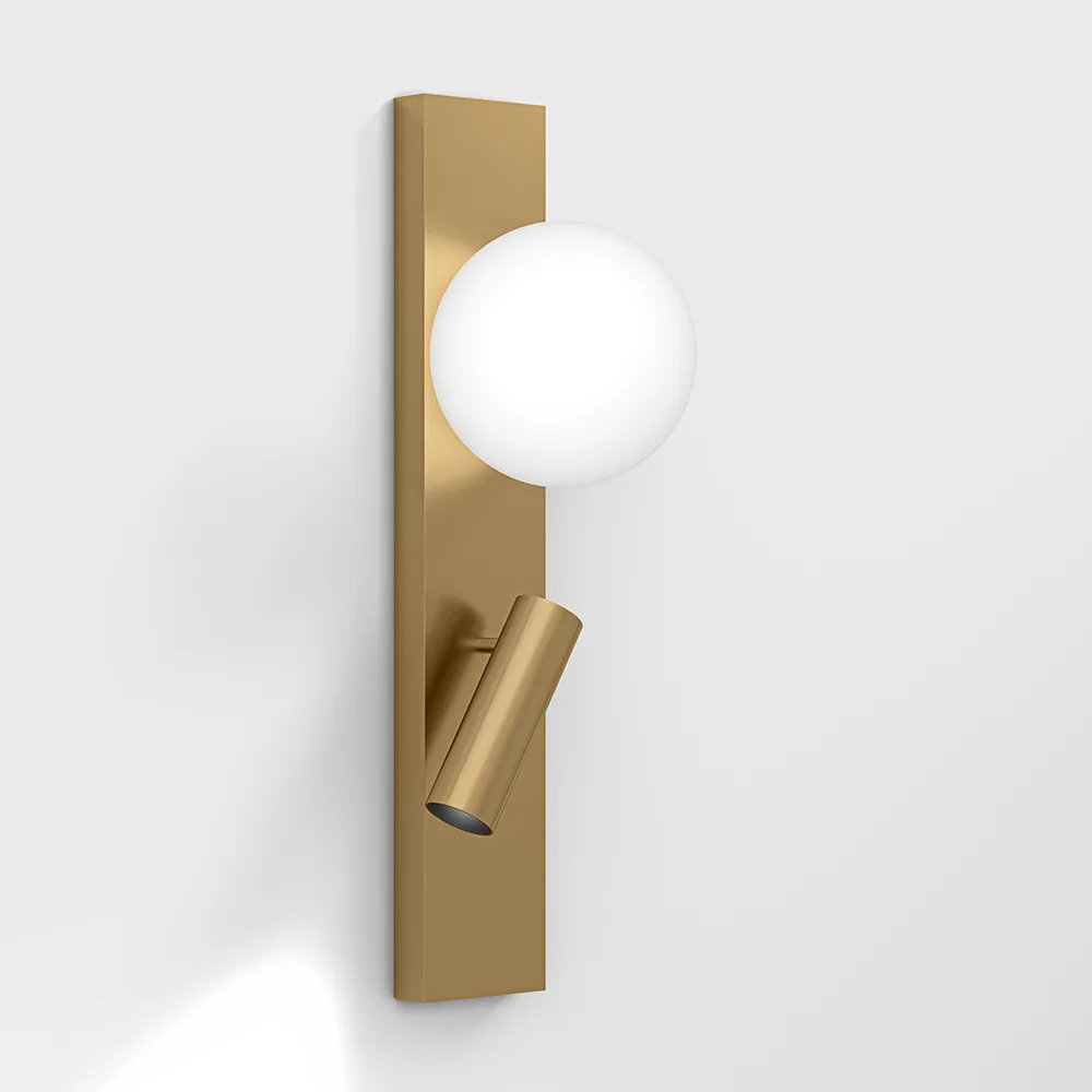 10.0634.5.930.BR_1 Adjustable surface-mounted wall luminaire SFERA WALL M, L100mm, SP116mm, H344mm, Bridgelux LED 4W (243Lm) 360°+ Luminus 1.5W LED (119Lm) 20°, 3000K, CRI>90, 220-240V, IP20, driver (only 3-year warranty) can be toch and dimming, opal, brass base - imagine 1
