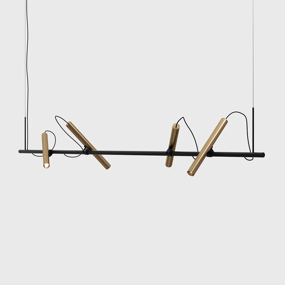 10.1301.6.930.BK_CG_1 Suspended luminaire with surface-mounted base POINTER SUSP BASE, L1300mm, H250mm, D25mm, 4x5.4W LED, 4x137Lm, 20°, 3000K, CRI>90, driver 700mA included, 220-240V, IP20, black color pole/champagne gold tubes (heads) - imagine 1