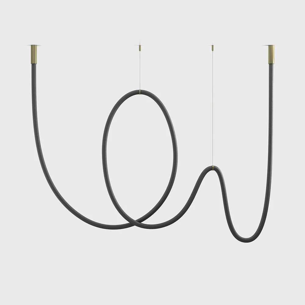 25B.3210.80.940.BR_1 Suspended luminaire with surface-mounted base SNAKE, D32mm, H90mm, L5000mm, LED 80W, 4000К, CRI>90, 4000Lm, IP44, driver 100W 24V included, suspension kit: brass (2psc include), surface base: brass color, mesh: black color - imagine 1