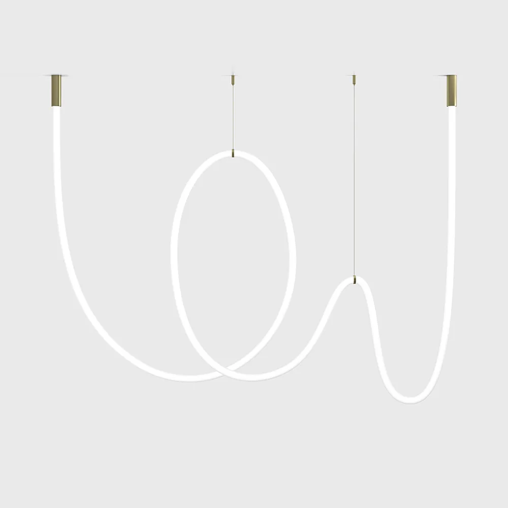 25W.3210.80.930.BR_1 Suspended luminaire with surface-mounted base SNAKE, D32mm, H90mm, L5000mm, LED 80W, 3000К, CRI>90, 4000Lm, IP44, driver 100W 24V included, suspension kit: brass(2psc include), surface base: brass color, mesh: white color - imagine 1
